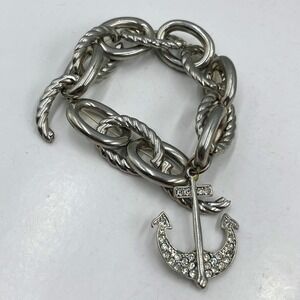 Vintage Silver Tone Chunky Cable Link Bracelet Rhinestone Anchor Charm Nautical